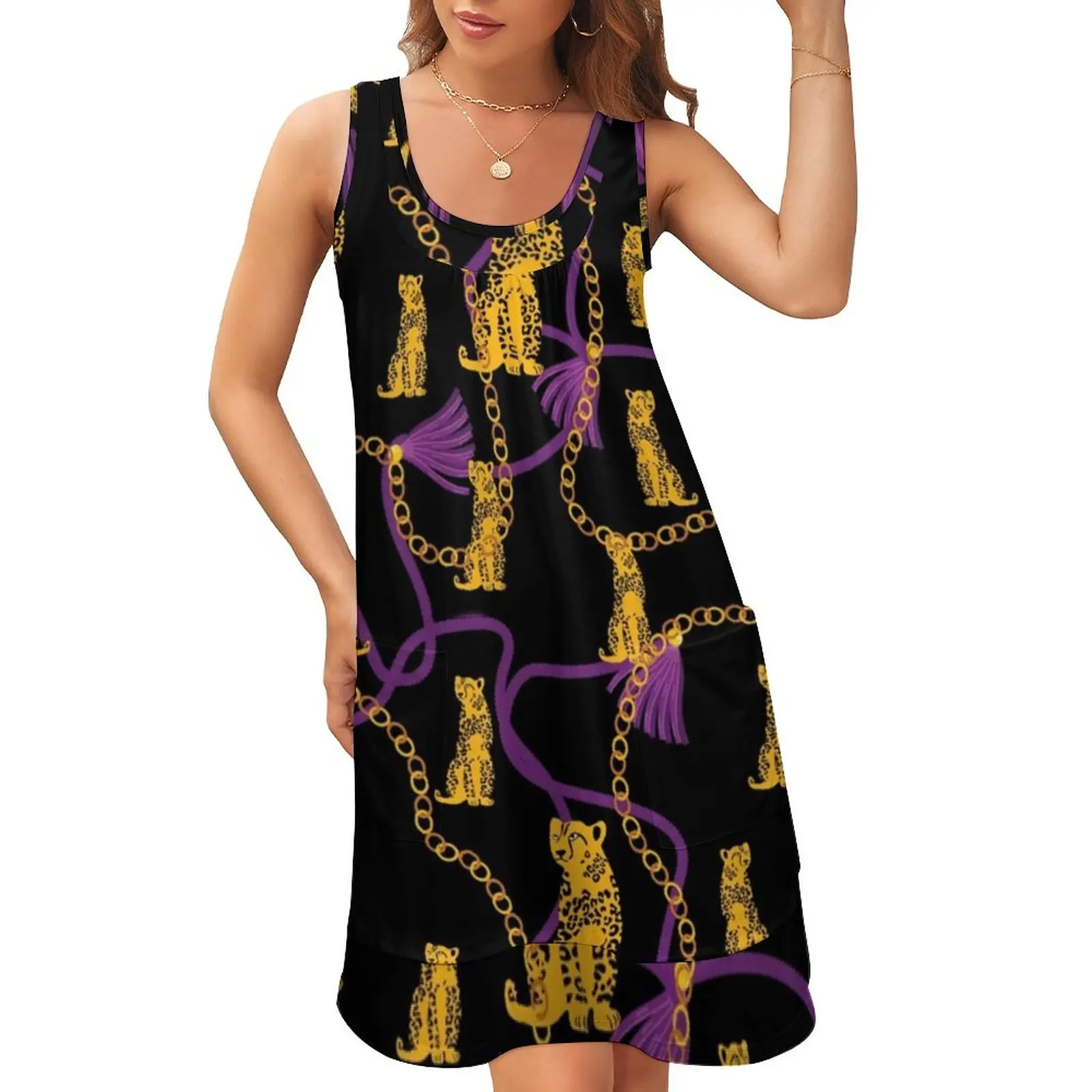 

Gold Chains Print Dress Abstract Leopards Sexy Dresses Summer Street Fashion Oversized Tank Dress Women Pattern Vestido