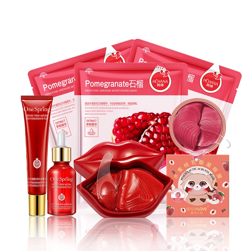 

Red Pomegranate Essence Skin Set Nourishing Moisturizing Brighten Serum Eye Cream Anti Wrinkle Eye Mask Fade Lip Lines Cosmetic