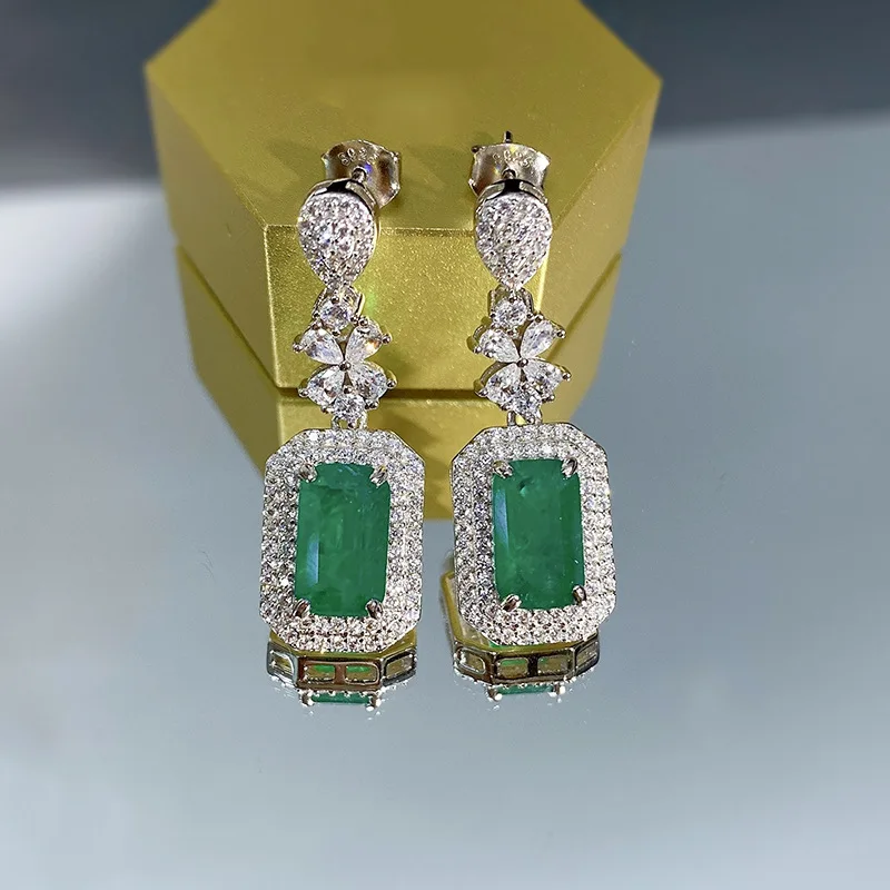 

2023 new 925 silver Euramerican ins style simulation Emerald 6 * 10 full bore earrings female cross-border model