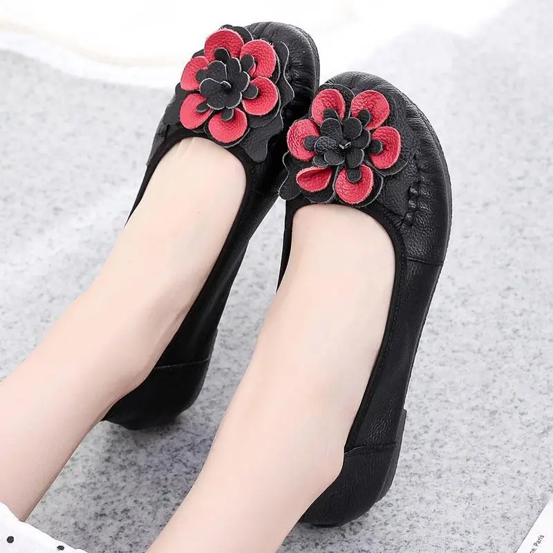 Plus Size Women Flats Floral Ballet Shoes For Women Summer Genuine Leather Moccasins Ladies Comfortable Driving Zapatos Mujer