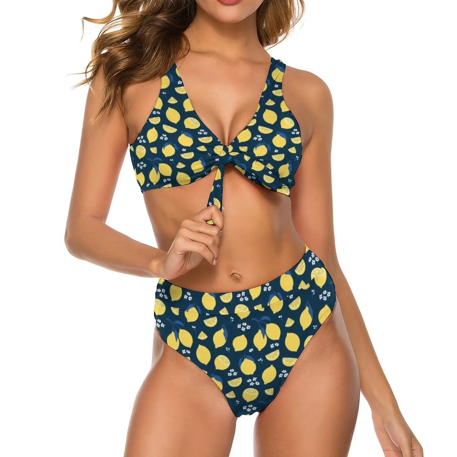 

Yellow Fruit Print Bikini Swimsuit Lemon High Waist Swimwear Sexy Retro Bikini Set Women Push Up Swimsuits Graphic Beach Wear