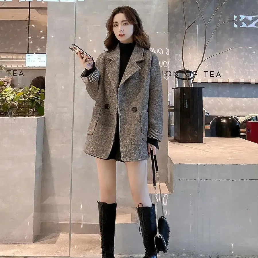 

New Korean Woolen Coat Women Autumn Winter Warm Jackets Solid Plus Size Outwear Ladies Pocket Loose Office Coats Streetwear