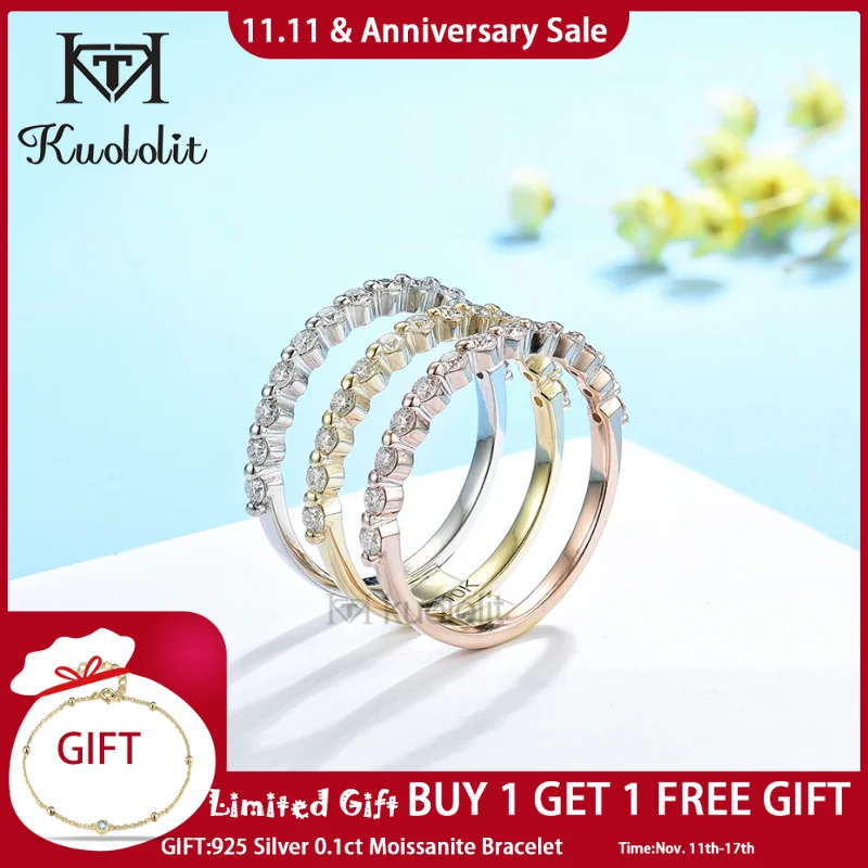 

Kuololit Moissanite Ring 585 14K 10K Gold Eternity Rings for Women White Gold 3 Tone Color Bubble Band for Wedding Engagement