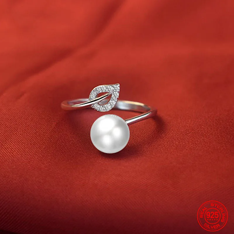 

925 Sterling Silver Pearl Open Adjustable Ring For Women Wedding Jewelry