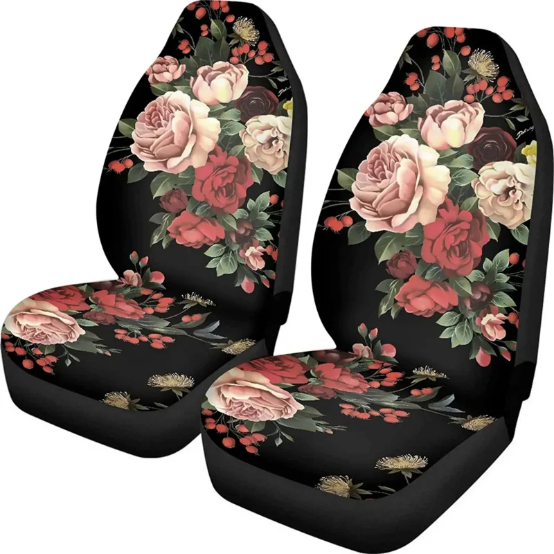 

Elegant Rose Floral Print Universal Fit Car Seat Covers Women Soft Bucket Front Seats Protectors For Most Cars SUV Sedan