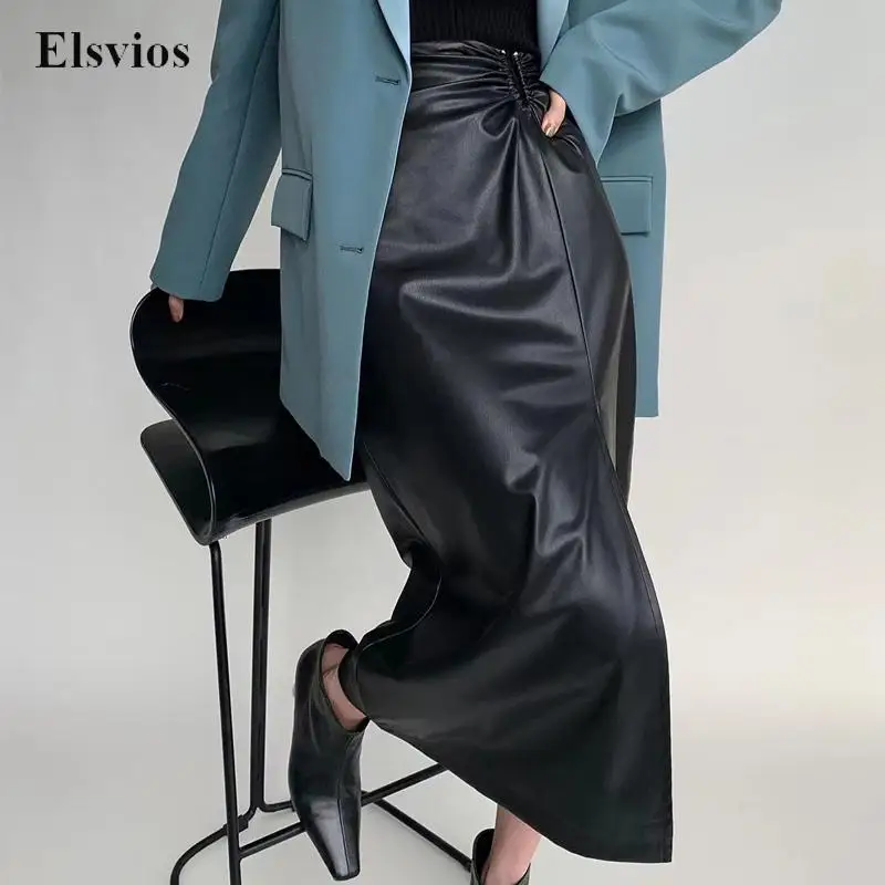 

Women Elegant Slim High Waist A-Line Skirts Commute Sexy Side Slit Office Lady Skirt High Fashion Solid Casual PU Leather Skirts