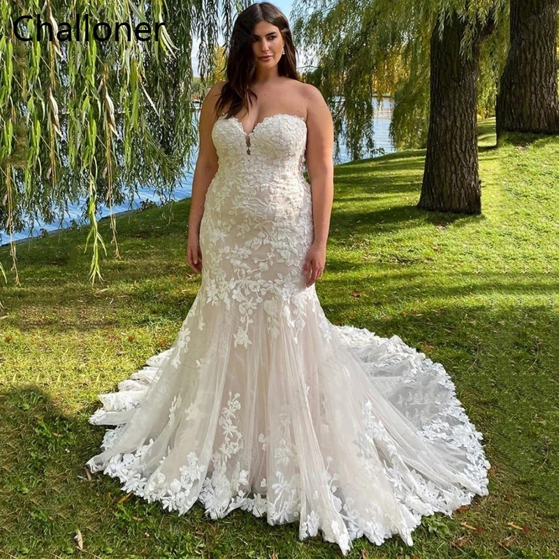 

Challoner Plus Size Mermaid Wedding Dresses New Tulle Sweetheart Backless Lace Appliques Floor Length Court Train Bride Gowns