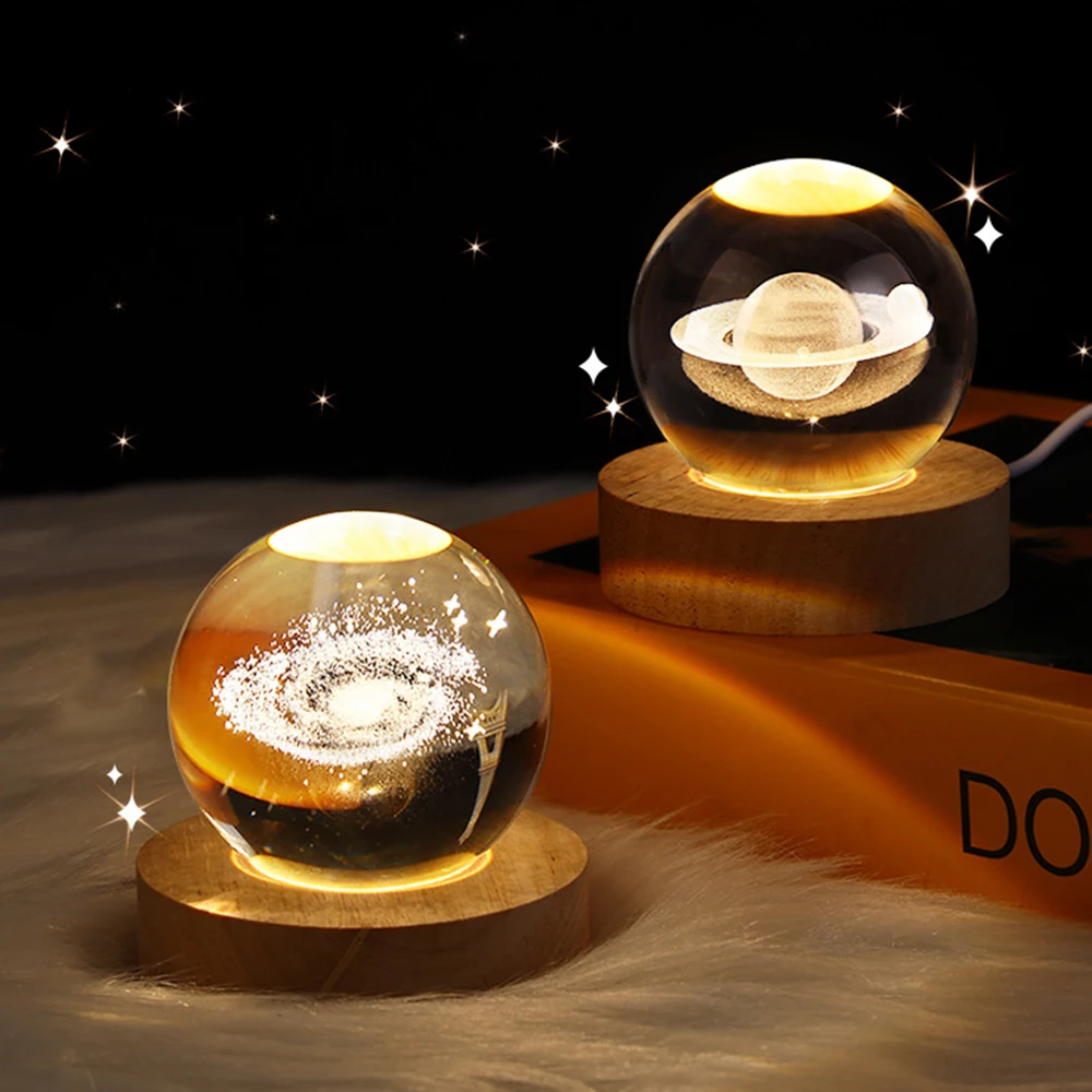 

Small Crystal Ball with Wooden Lighting Base 3D Glass Ball with LED Light Home Décor Accents Solar System Theme NIN668