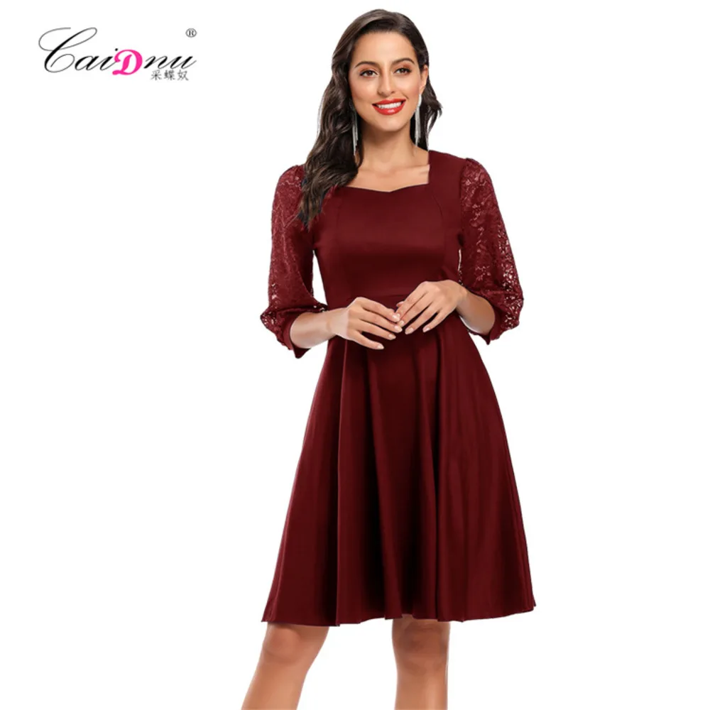 

Autumn winter 2022 women's square neck seven point Lantern Sleeve lace mosaic Satin A-shaped slim dress dresses for weddings as
