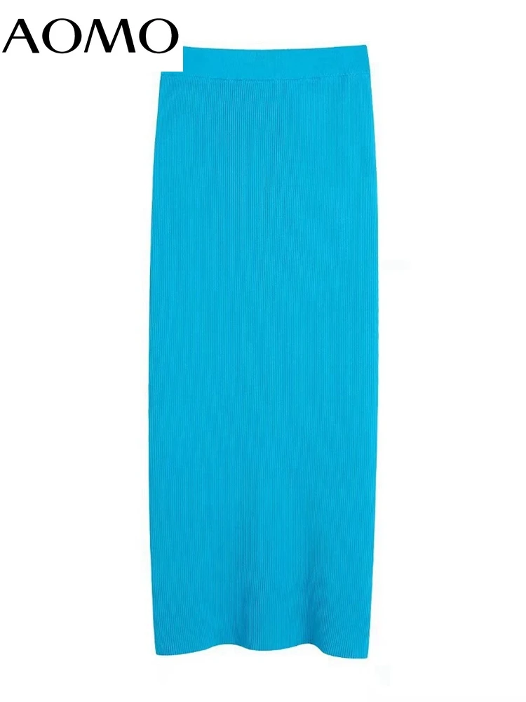 

AOMO Women Fashion Blue Knitted Pencil Skirt Vintage High Waist with Elastic Waist Female Skirts BE533A