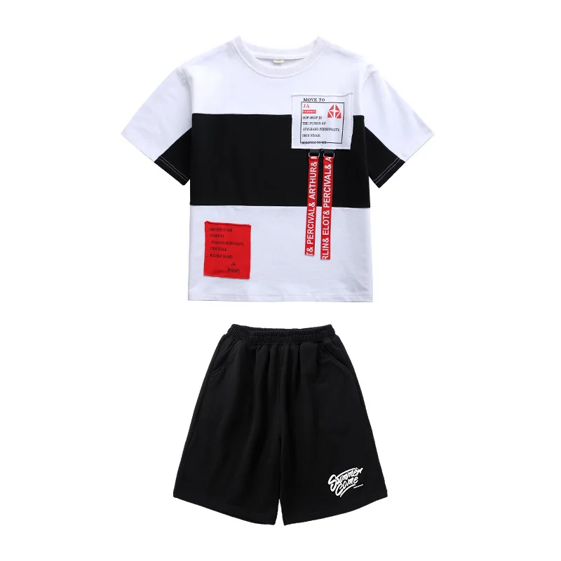 Summer Boys Girls Outfits Fashion Patchwork T Shirt + Shorts 2pcs Streetwear Costume Teenage Hip Hop Clothes 4 6 8 10 12 14 16 Y images - 6