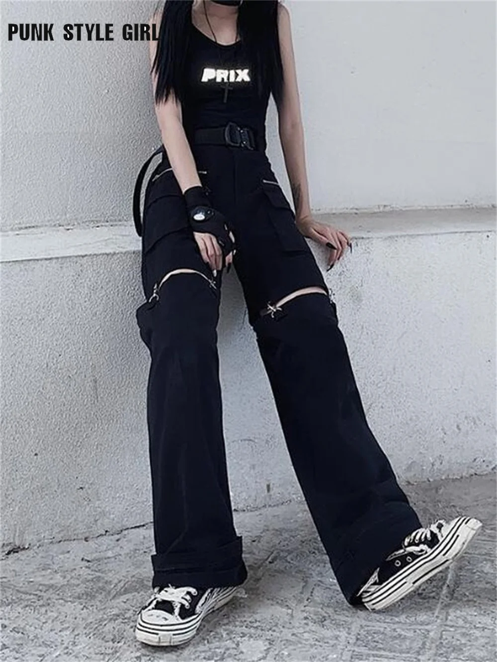 

Gothic Techwear Black Cargo Pants Women Punk Hollow Out Wide Leg Jeans JK Trousers Teens Female Goth Hip Hop Baggy Ripped Pants
