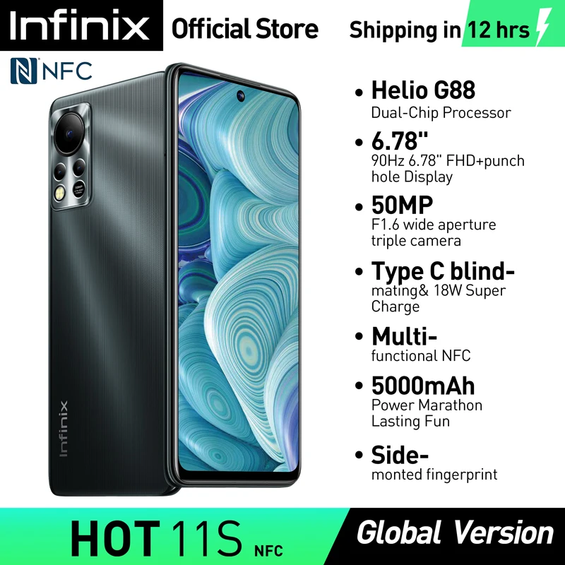 infinix Hot 11S NFC 6GB/128GB Smartphone Helio G88 Dual-Chip Processor 6.78 90Hz FHD+ 5000mAh 50MP Camera Mobile Phone