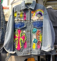 heavy industry hand painted graffiti beaded lapel long sleeved denim jacket womens 2022 spring and autumn loose fashion jacket