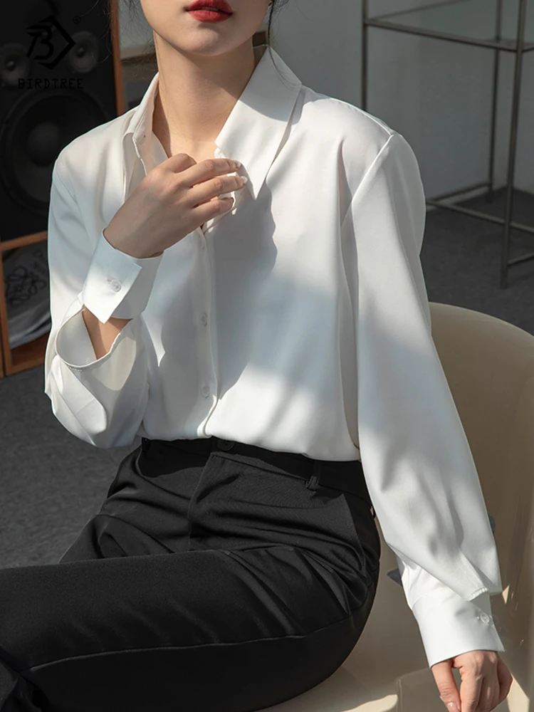 

2022 Spring New Women Elegant Satin Blouse Full Sleeve Turn-Down Collar Office White Shirt Button Up Autumn Casual Tops T23507X