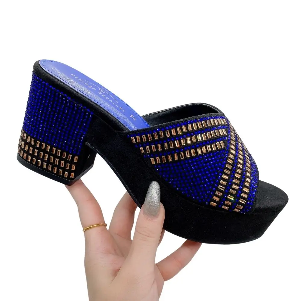 

Bling Bling Chunky Mules Italian Style Designer Sandals 2023 NEW Fashion Summer High Heels Pumps Square Heeled Shoe for Women