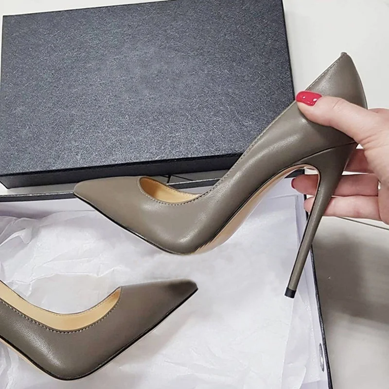 

Large Size45 Gray Matte Leather Women Pumps Pointed Toe 8cm 10cm 12cm Stiletto Heel Dress Shoes Shallow Slip-on Banquet Shoes