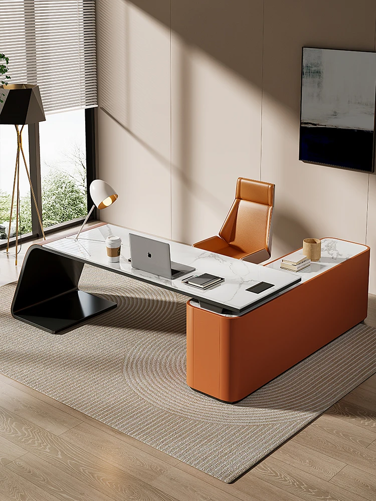 

Italian Minimalist Stone Plate Desk Study Modern Simple Home L-Type Computer Desk Bookcase Integrated Light Luxury Desk