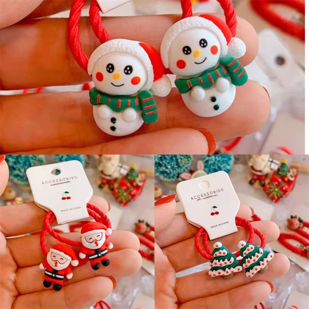 

2pcs Christmas Santa Snowman Hairpins Children Scrunchies Elastic Rubber Bands Girls Sock Penguin Decoration Hair Accessories