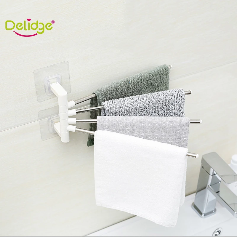 

1pc Punch Free Self Adhesive 4 Shots Bathroom Adjustable Towel Holder Wall Mounted Towel Swivel Rail Rack Home Storage