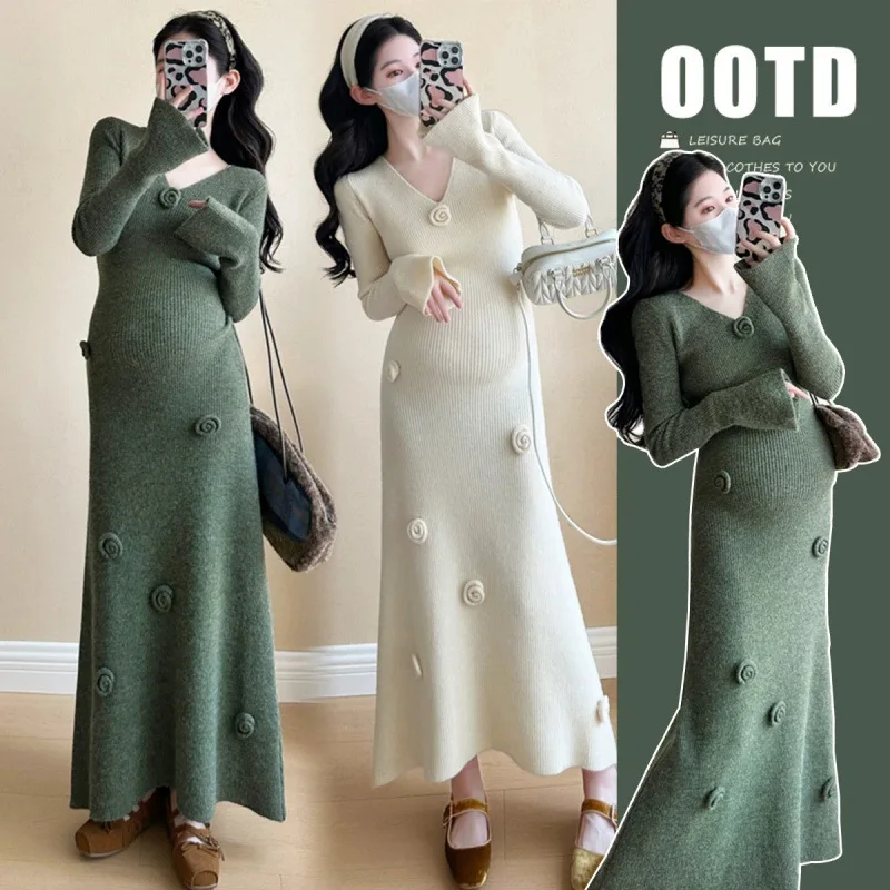 Осеннее винтажное платье с цветочным принтом для беременных модное трикотажное