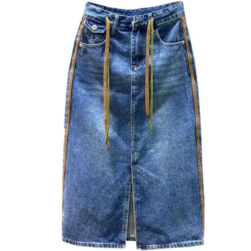 

Женская джинсовая юбка с разрезом, юбка трапециевидной формы с высокой талией и шитьем, весна 2023