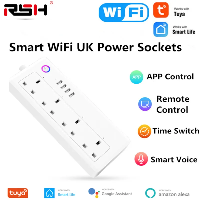

13A UK UE US Plug Power Strip Smart Switch 1.8M Cord Cable Universal Outlets 4 USB Ports Electrical Socket Via Alexa Google Home