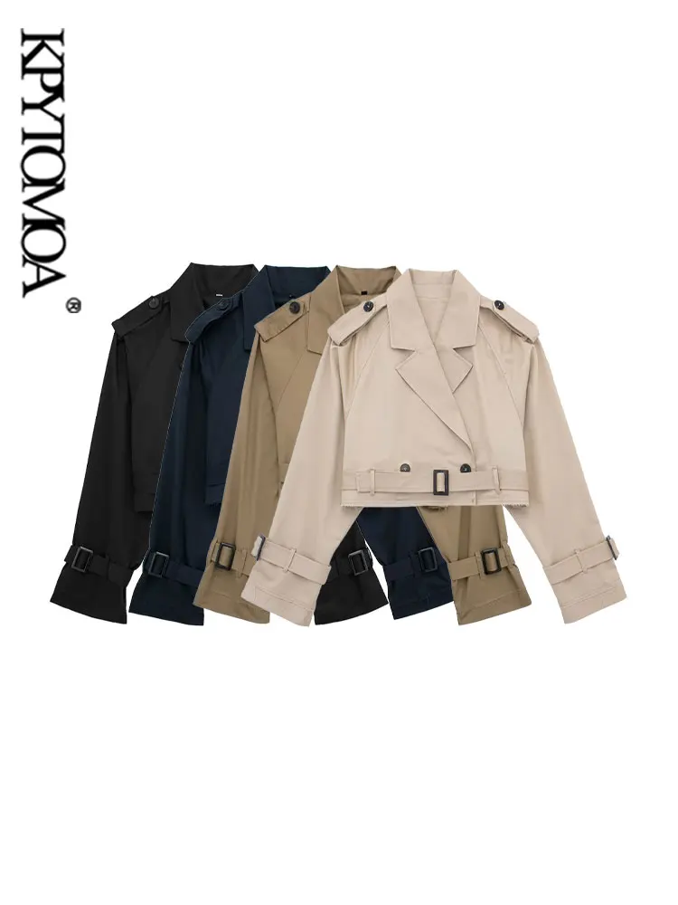 

KPYTOMOA Women Fashion With Belt Double Breasted Crop Jacket Coat Vintage Lapel Collar Long Sleeve Female Outerwear Chic Tops