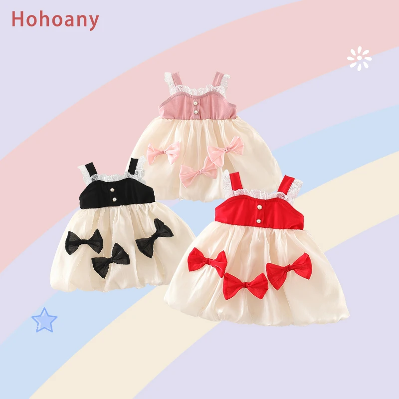 Hohoany Sweet Bow Knot Baby Girl Sling Dresses Sleeveless Lace Children Clothing Summer New Infant Kids Wear For 0 to 3 Years