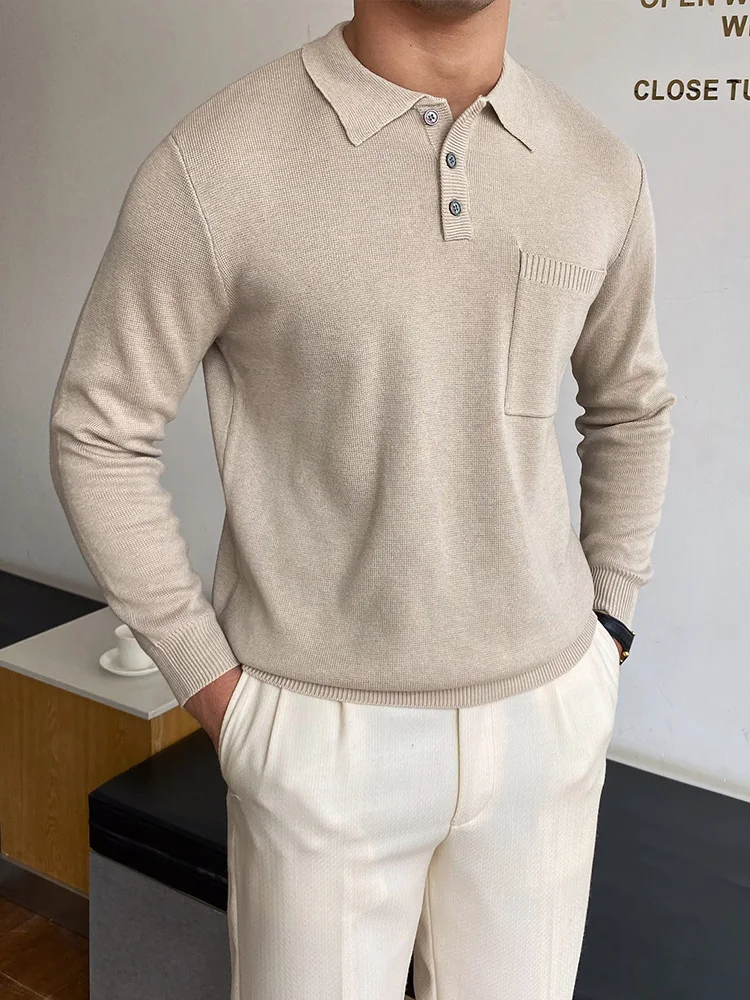 

Spring New Long Sleeve Slim Ribbed Shirt 2022 Men Casual Solid Color Tops Fashion Buttoned Turn-down Collar Mens Polo Shirts