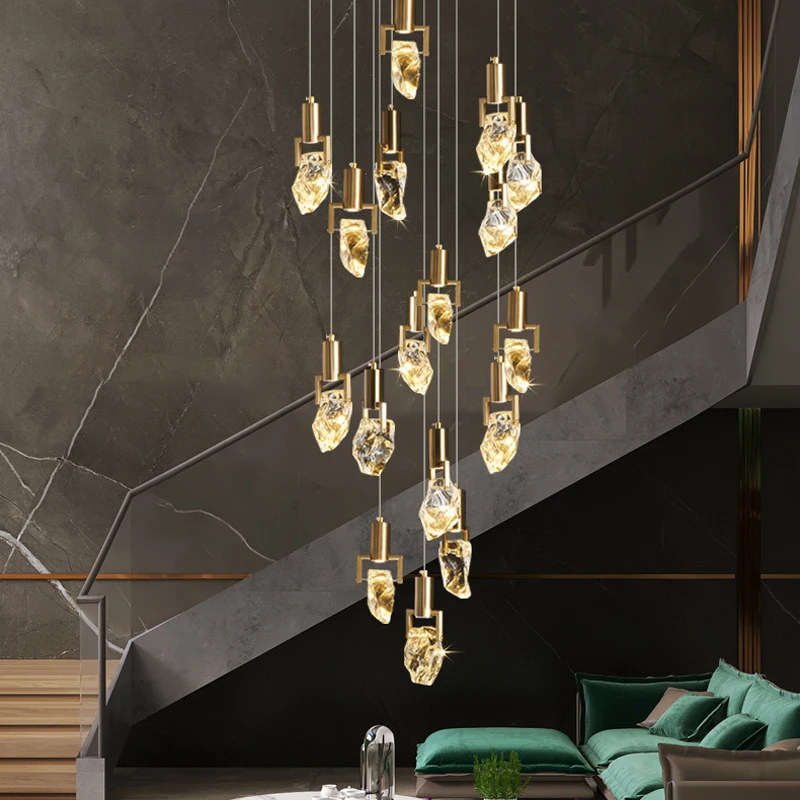 

Modern Diamond Crystal Chandelier For Staircase Living Room Long LED Cristal Hanging Light Fixtures Gold Home Decor Luminaire