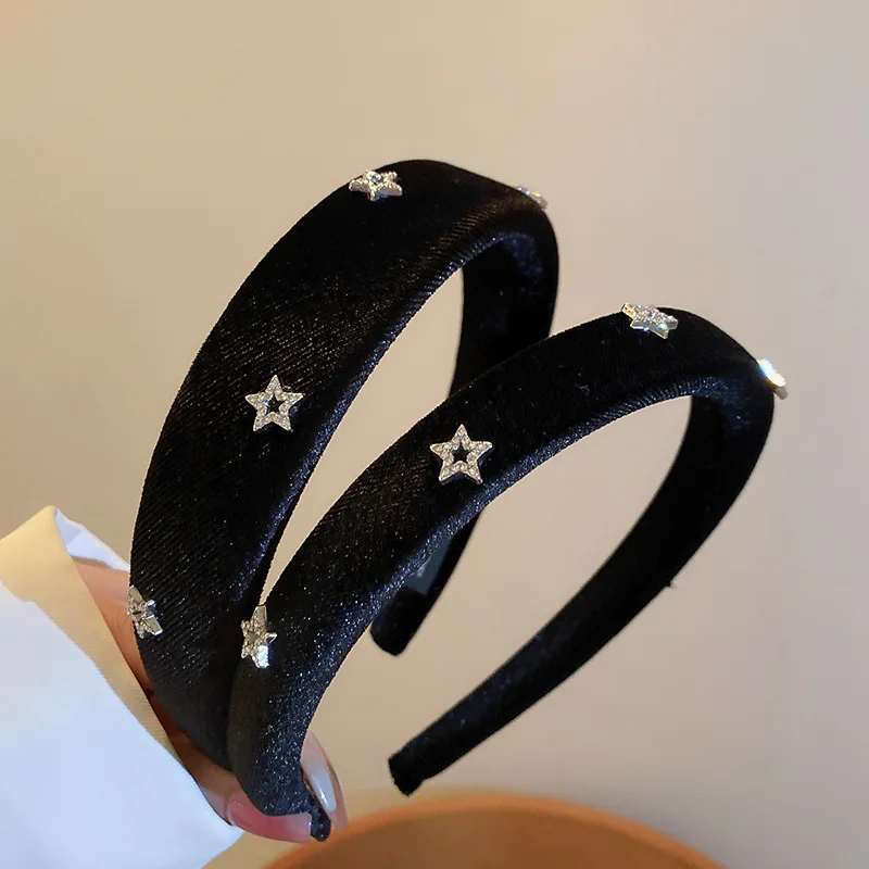 

Minar Retro Bling Bling Rhinestones Star Hairband for Women Wholesale Black Color Velvet Wide Brimmed Headbands Hair Accessories