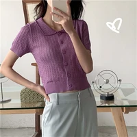 women 2021 short sweaters lapel hollow out short sleeves knitted all match solid fashion casual elastic chic basic streetwear