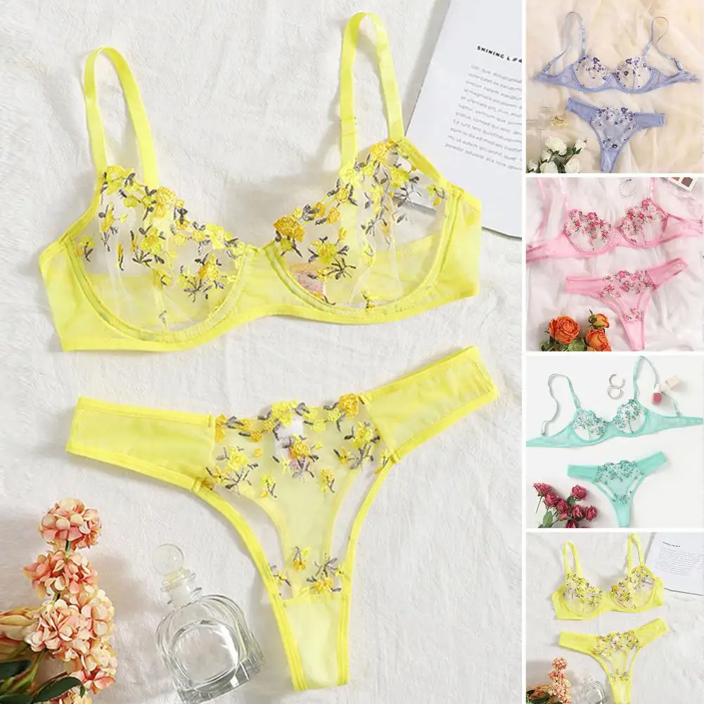 

Women Bra Briefs Set 2 Pcs/Set Fabulous Refreshing Back Closure Candy Color Flower Embroidery Bra Briefs Set for Inside Wear