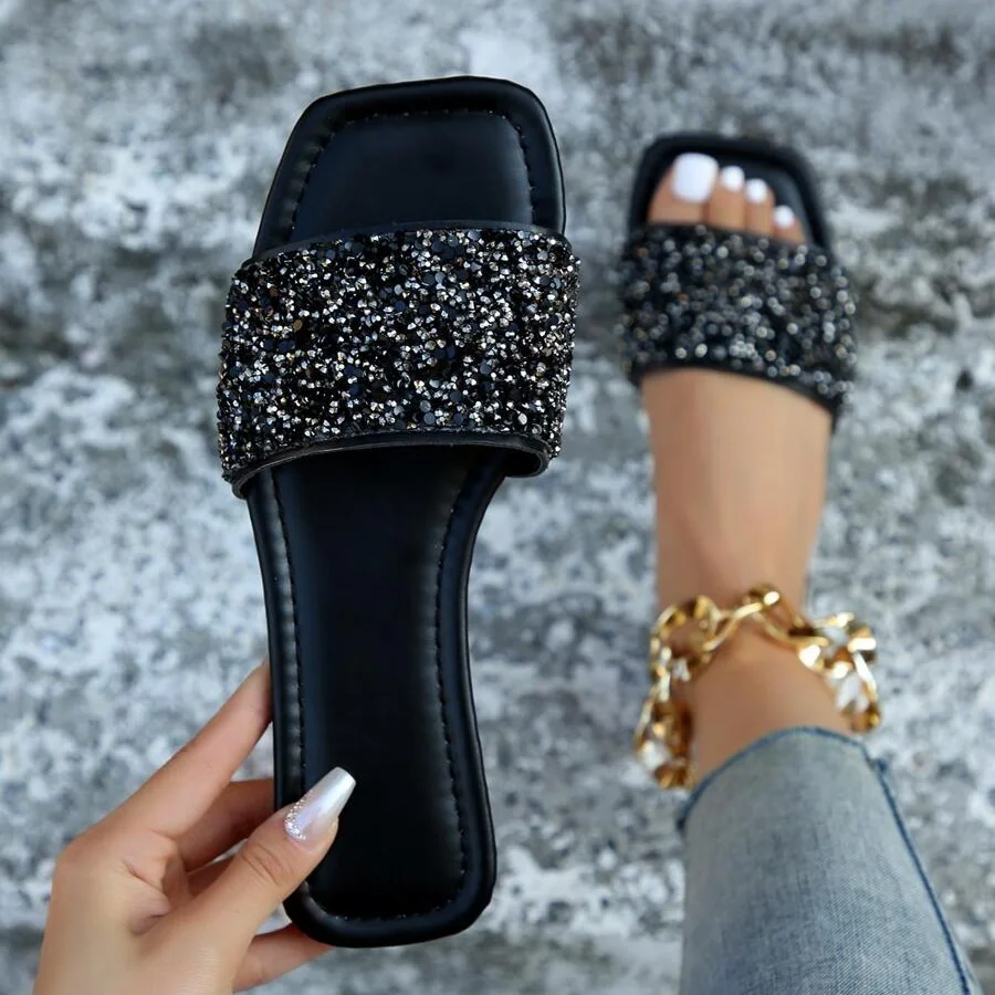 Women's Sequin Glamorous Single Band Sandals Rhinestone Decor Bling Flats Slides Outdoor Fashion Summer Sexy Beach Casual Shoes