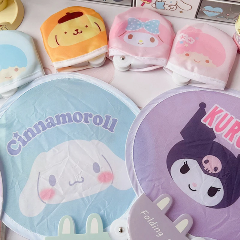 Sanrio Foldbale Fan Kawaii Аниме фигурки Kuromi Hello Kitty Melody летний портативный ручной мини вентилятор круглый вентилятор с сумкой для хранения