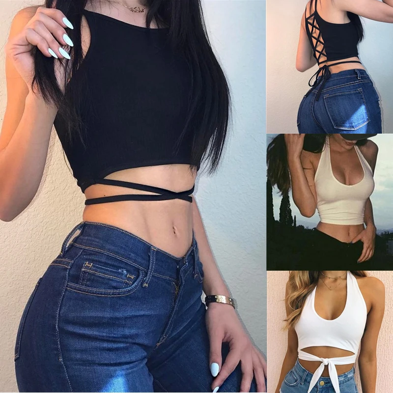 

Women Sexy Tank Top Sleevelsess Backless Short Cropped Top Slim Spaghetti Strap Streetwear New Summer Black Lace Up Camisoles