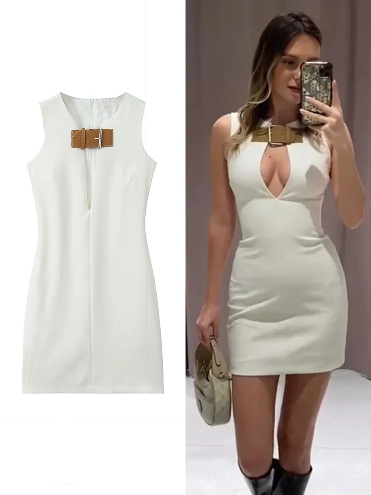 TRAFZA Женское Мини-платье С Вырезами На Пуговицах Без Рукавов Сексуальное