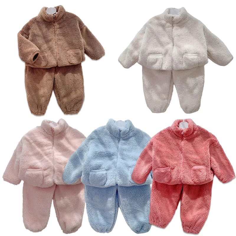 

Warm Flannel Jacket+pants Boys Kids Sets 2022 Autumn Winter Soft Coral Fleece Outfits Girl Pajama Set Children's Clothing TZ006