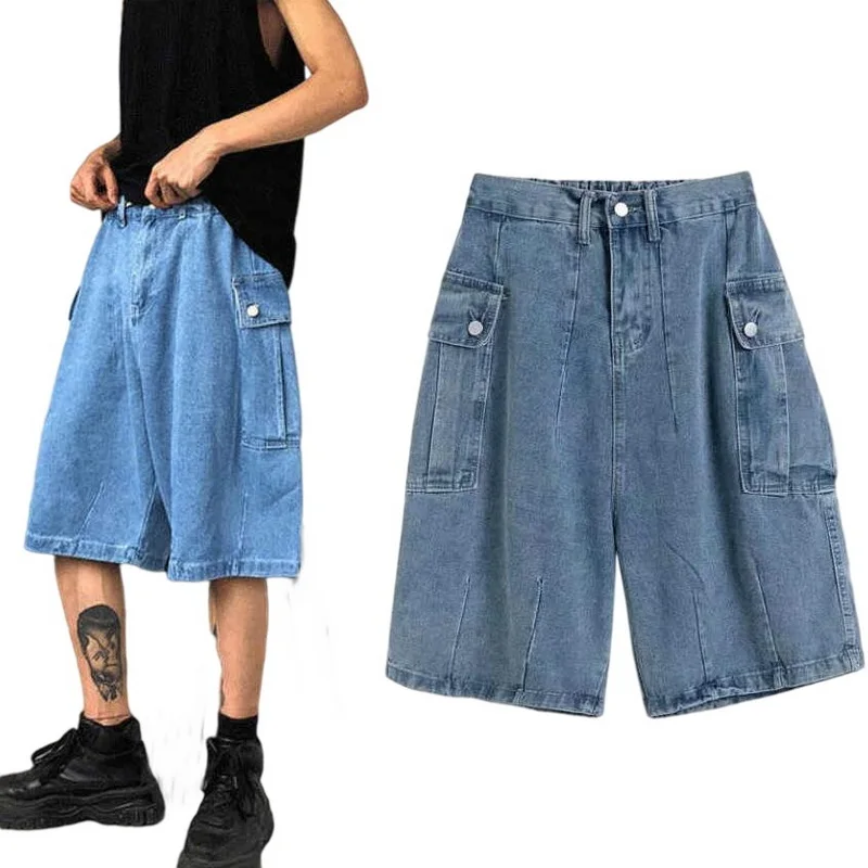 Tide Brand Hip-Hop Denim Shorts Men Summer Loose Straight Large Pocket Knee Length Jeans Men Casual Jeans