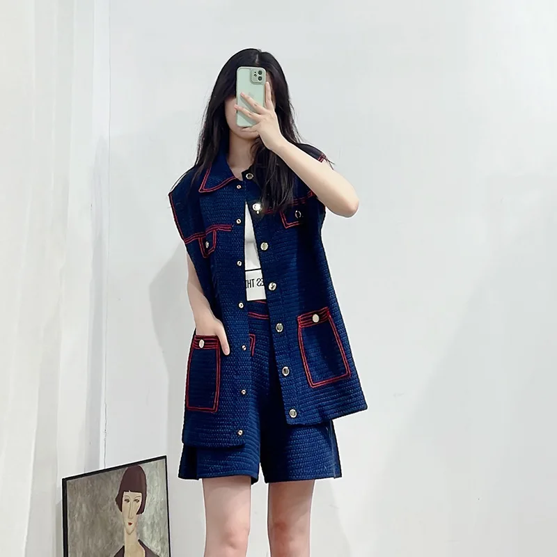Turn-down Collar Colour Blocking Red Woven Vest Waistcoat Shorts Suit 2022 Summer French Two-piece Suit Loose Casual Women