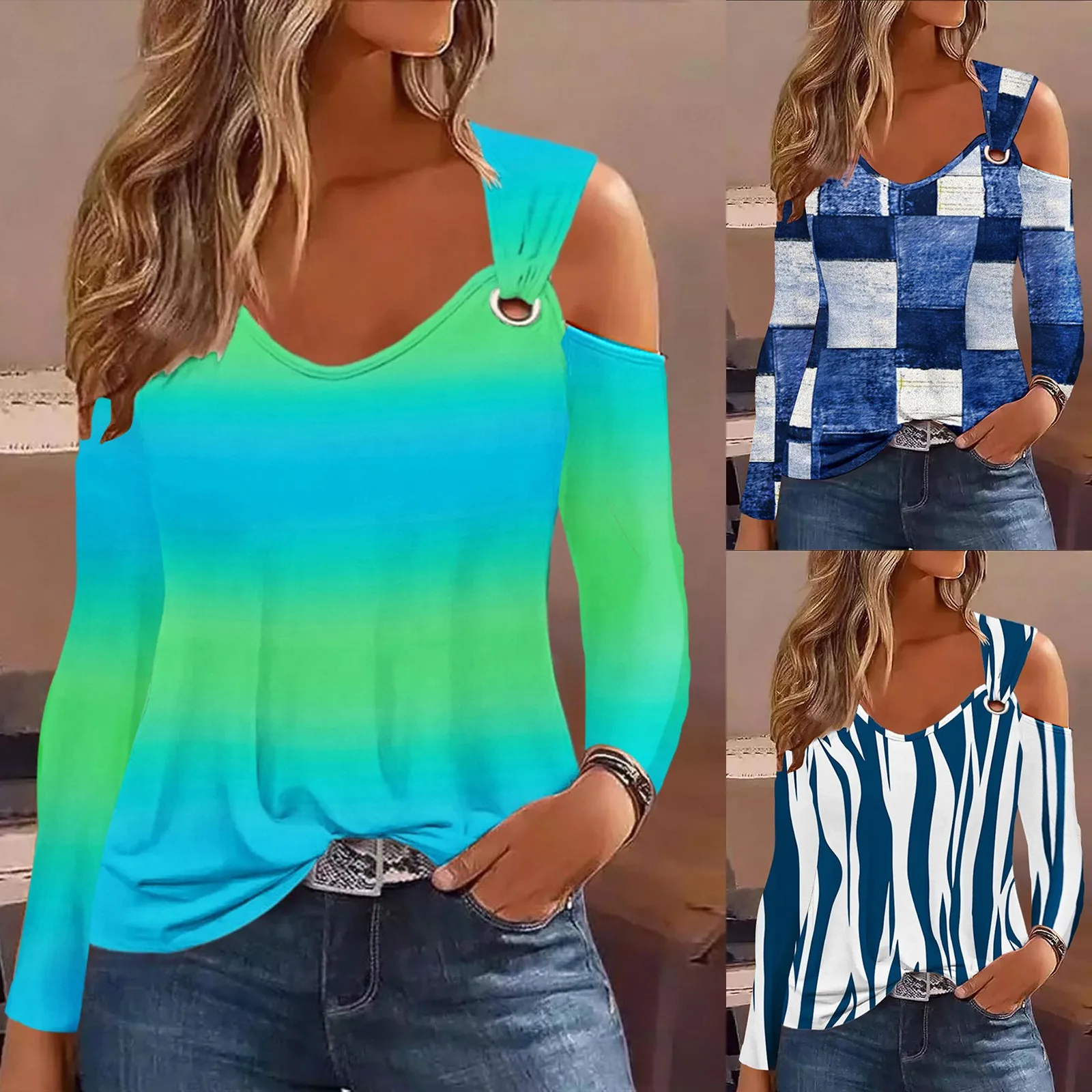 

Блузка женская клетчатая с длинным рукавом, V-образным вырезом и принтом