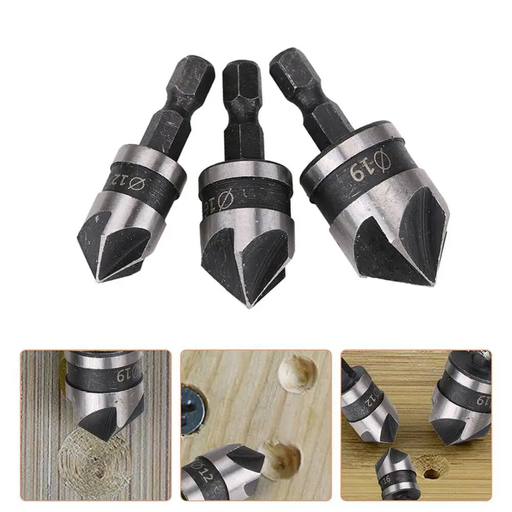 

3pcs 1/4" Countersink Drill Bits Set Hex Shank 90 Degrees 5 Blades Chamfering Cutter High-carbon Steel For Power Tool Wood