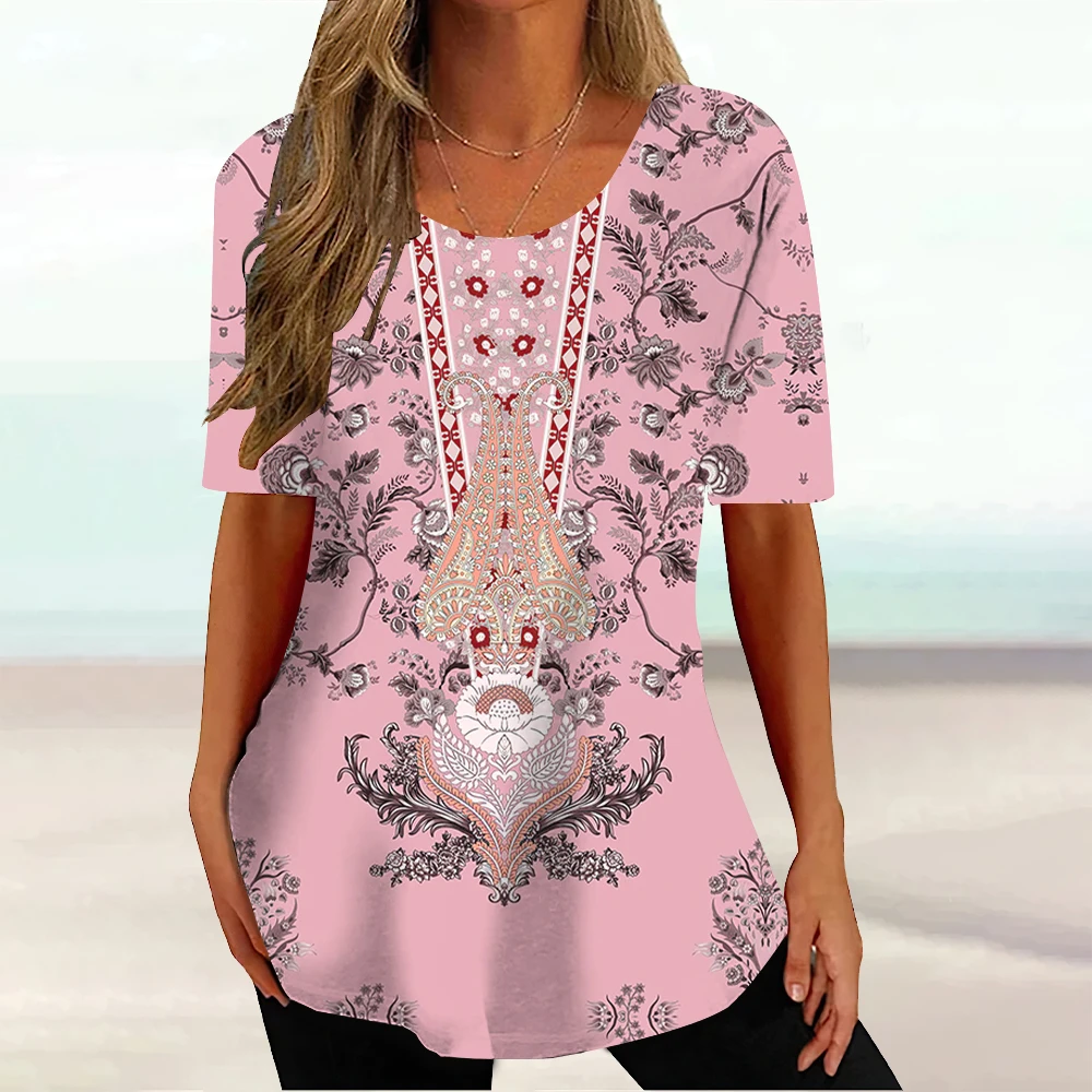 

Женская футболка в богемном стиле, летняя новая Этническая футболка с круглым вырезом и коротким рукавом, модные топы, повседневный Свободный пуловер