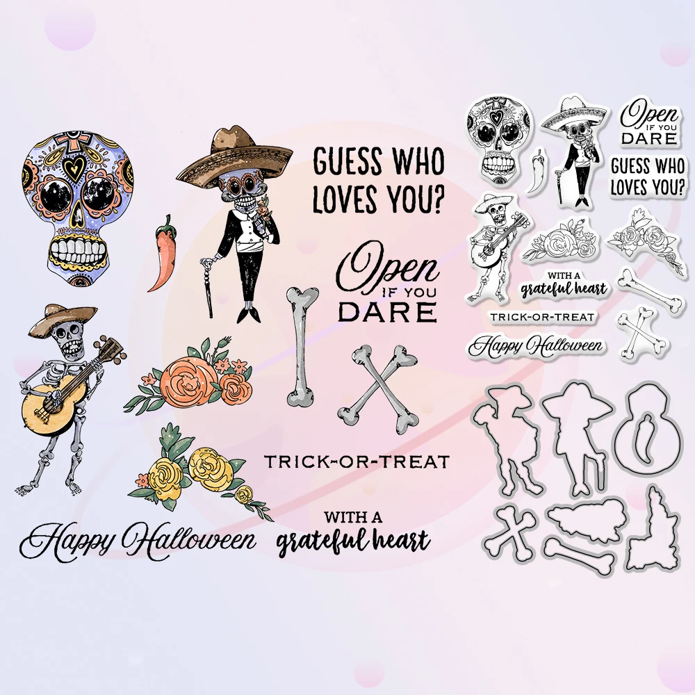 

Halloween Skeleton Men Cutting Dies Clear Stamp DIY Scrapbooking Metal Dies Cut And Stamps Set For Craft Paper Cards Album Decor