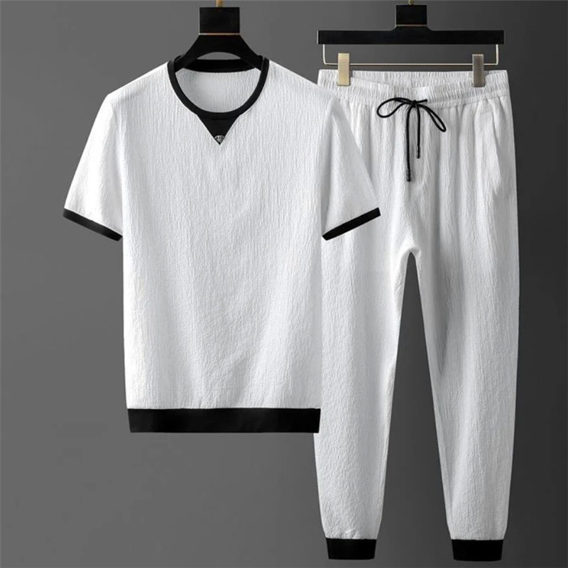 Men's Sets Summer Short Sleeve Tops+ Elastic Waist Trousers Men Clothing Two Piece Set Korean Streetwear Tracksuit Men Big Size