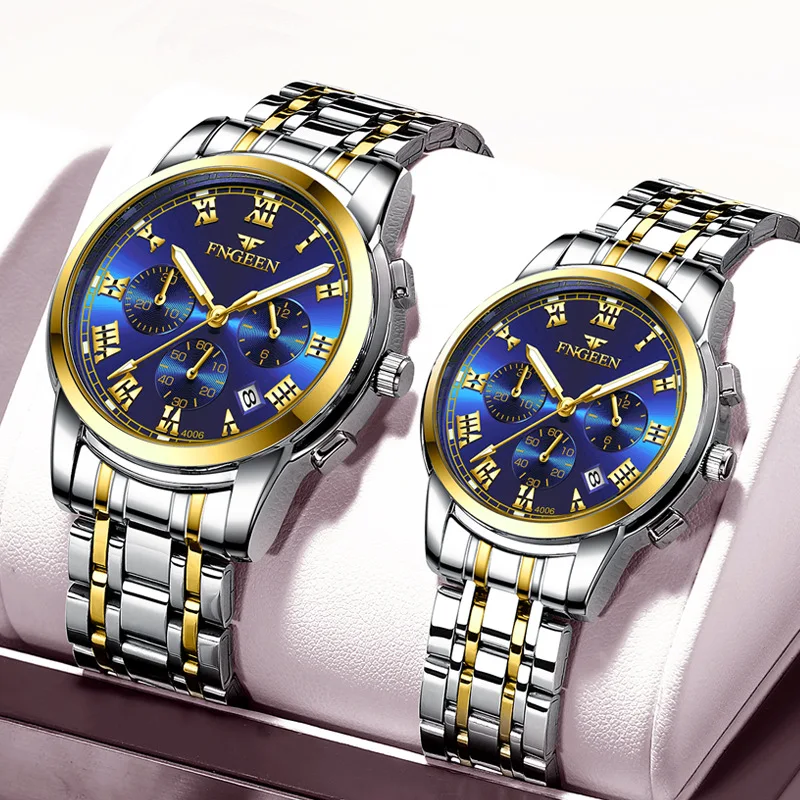 FNGEEN Fashion Couple Watches for Men Women Stainless Steel Quartz Watches Top Brand Luxury Calendar Clock Lovers Wristwatch