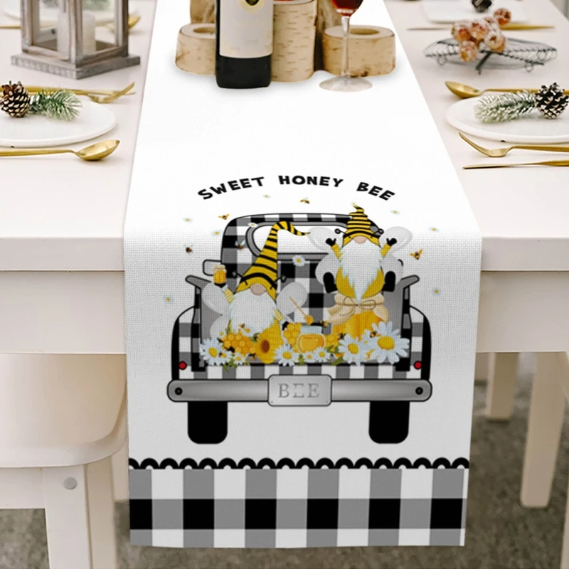 

X6HD Sunflower Gnome Cotton Linen Table Runner Table Cloth Desktop Decor