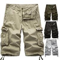 men casual summer solid color multi pockets fifth cargo pants loose beach shorts
