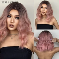 henry margu pink ombre short wavy synthetic bob wigs with bangs shoulder length heat resistant wig for women lolita cosplay hair